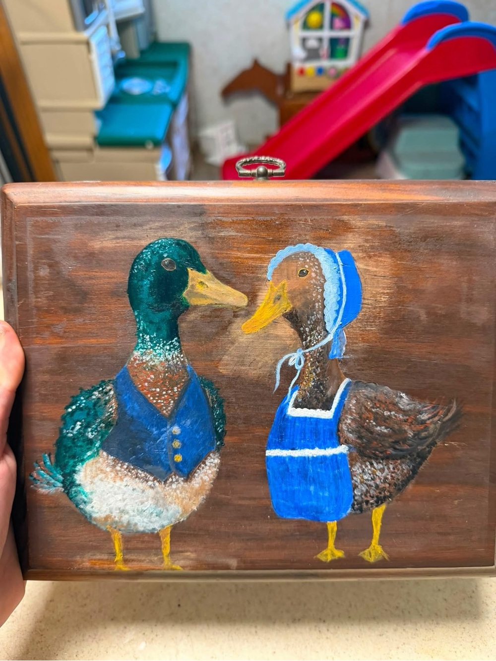 Antique Hand-Painted Duck Couple Wall Art in Blue and Green